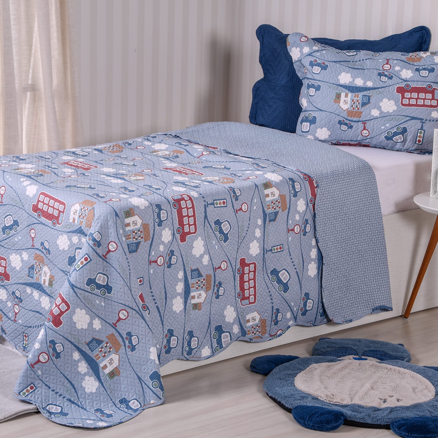 Kit Cobre Leito e Jogo de Cama Kids Infantil Solteiro Malha 100